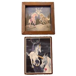 2 Vintage Mythical Unicorn Wall Art Decor By Gina FERRARO Print On Wood